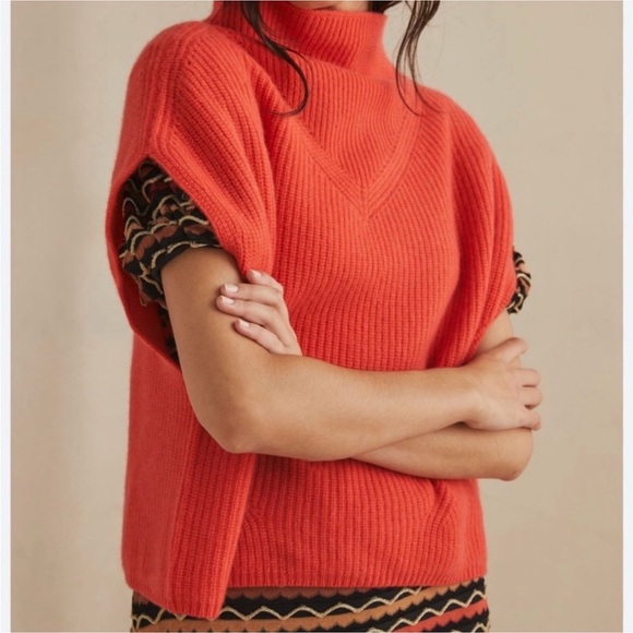Anthropologie Enza cashmere Poncho Sweater coral red - Picture 2 of 6